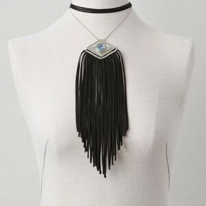 American Eagle Metallic Black Fringe Statement Boho Necklace